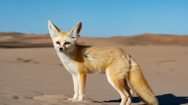 Fennec fox standing on sandy desert terrain under clear blue sky, full body view with large ears and beige-white fur, daytime wildlife
