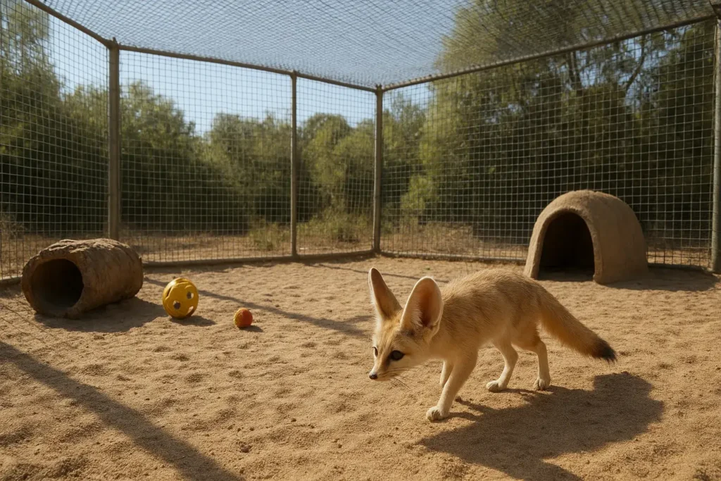 Secure outdoor enclosure for a fennec fox pet with sandy ground, shaded areas, strong fencing with roof, toys, and hiding spots, fox exploring during daytime