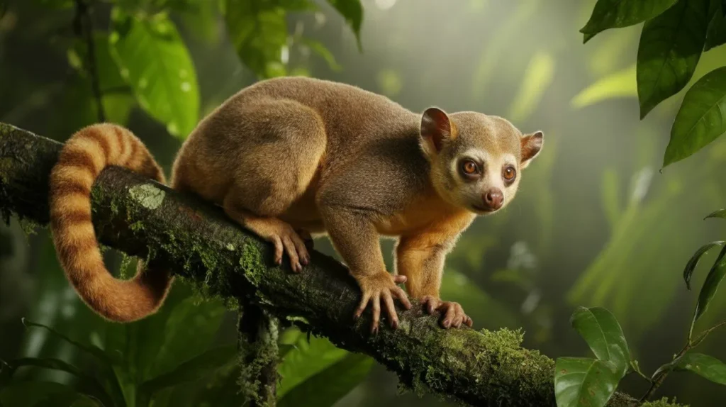 Wild kinkajou with large eyes and prehensile tail in tropical forest
