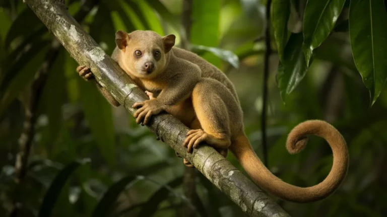 Kinkajou sitting on a rainforest tree branch with big eyes and long tail