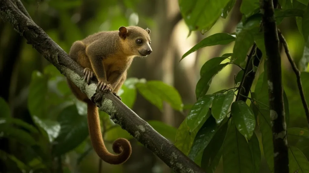 Kinkajou, also known as honey bear, in its natural rainforest habitat