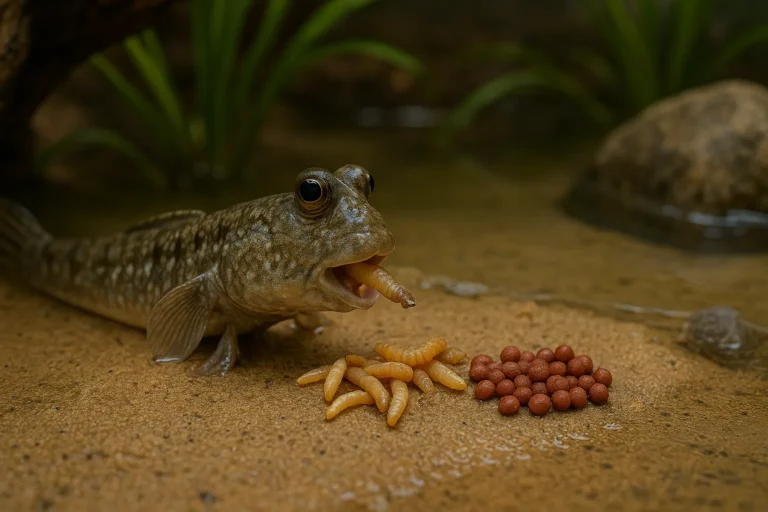 A mudskipper fish feeding on food in a pond, showcasing its unique amphibious feeding behavior.