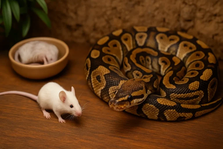 A ball python and a mouse sit side by side, highlighting the natural ball python diet.