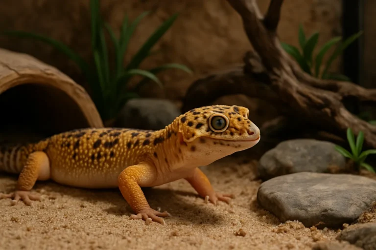 Leopard Gecko in a natural indoor terrarium resting on textured sand with wooden hides, plants, and soft lighting — lifelike pet reptile habitat setup