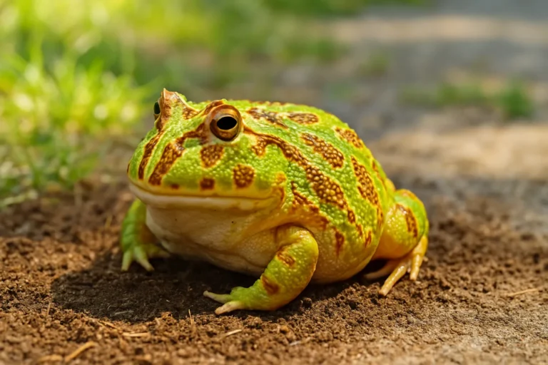A brightly colored Pacman Frog (Ceratophrys) resting on moist substrate inside a naturalistic outdoor-style enclosure during daytime, surrounded by plants. - Pacman Frog Care Guide
