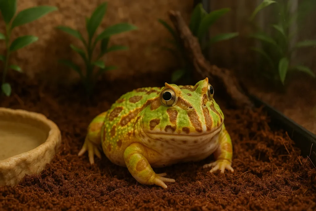 Pacman Frog (Ceratophrys) sitting in a moist coconut fiber substrate inside a naturalistic pet terrarium with soft lighting, live plants, and a shallow water dish.