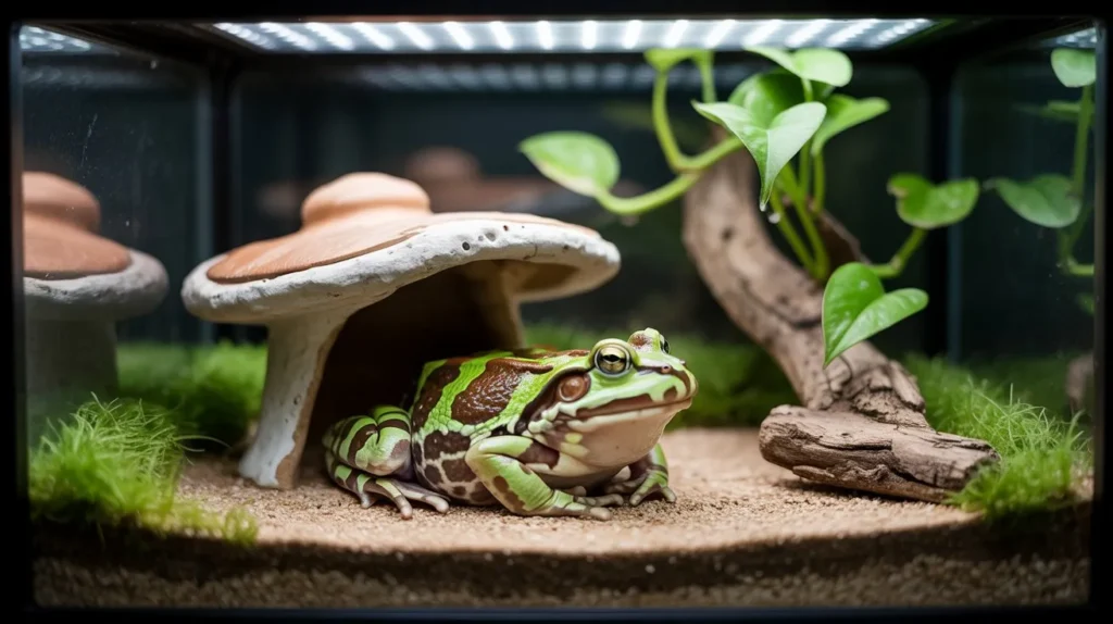 Pacman frog tank with soft LED lighting, natural hide, and live pothos plant.