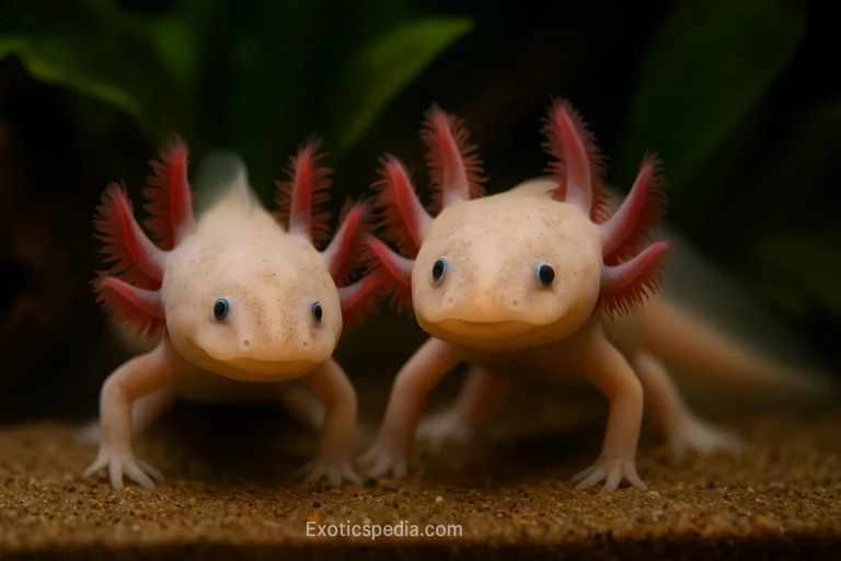 Axolotl Guide Two axolotls standing in clear water, showcasing their feathery gills and unique pink coloration.