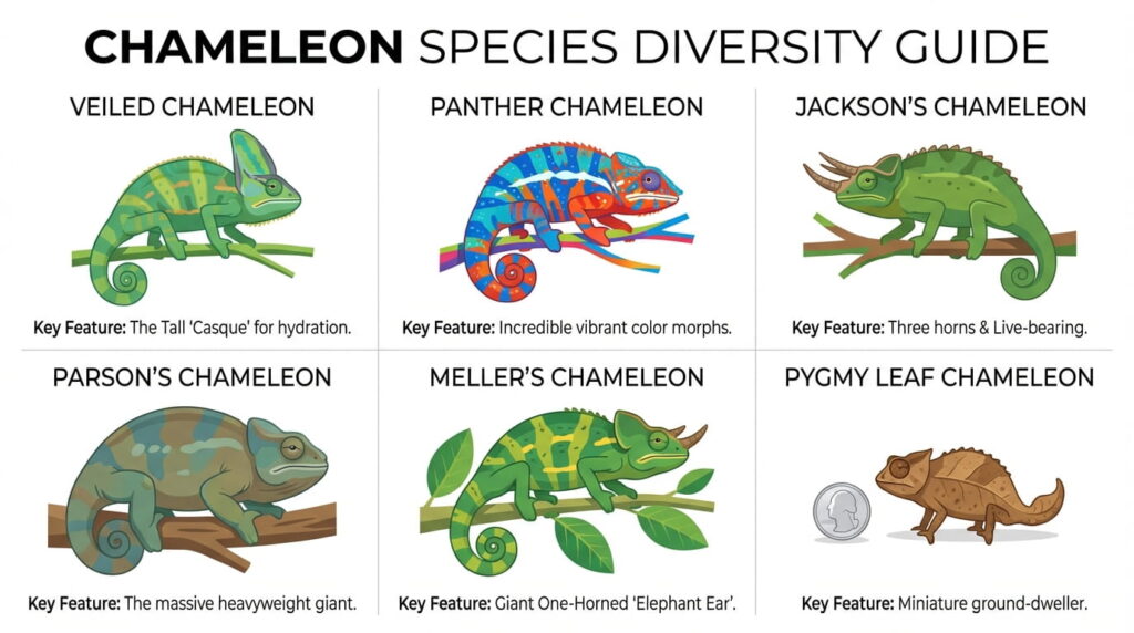 Top 5 Chameleon Species: A Guide to the Most Popular Types 1 Modern infographic comparing six chameleon species
