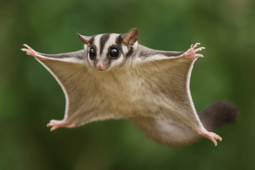 Pet sugar glider gliding with stretched membrane wings