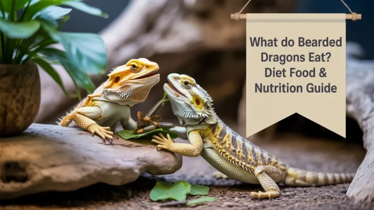 What Do Bearded Dragons Eat Diet, Food, & Nutrition Guide. Two bearded dragons enjoying a meal within a naturalistic terrarium environment.