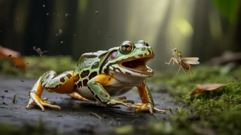 Pacman frog lunging to catch an insect, showcasing feeding behavior with vibrant green-brown skin and rainforest floor background.