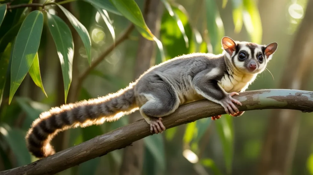 Sugar glider sitting on a branch with big eyes and soft grey fur